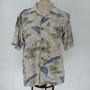 Silk Hawaiian Tropical Island Print Short Sleeve Button Down Shirt Men's M read